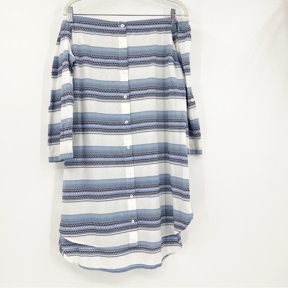 Chelsea & Violet Boho Off Shoulder Dress L Blue Striped Button Front - Picture 1 of 7